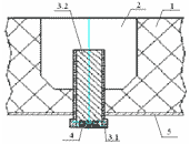 Рис. 7. Подовый электрод  с токоподводом (базой). 1- футеровка; 2- подовый электрод (ПЭ); 3.1, 3.2- база; 4- узел охлаждения; 5- кожух печи